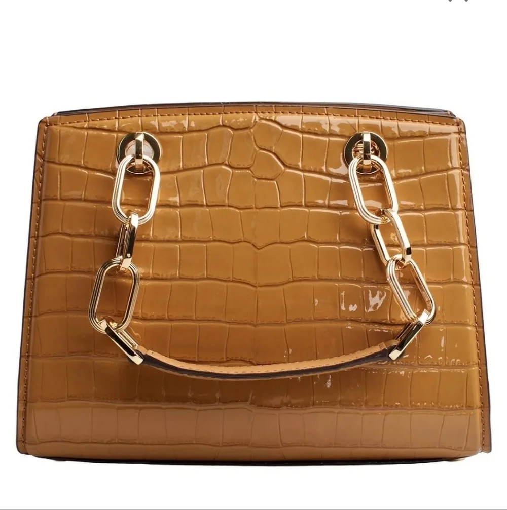 NWT Michael Kors Cynthia Small Croc Embossed Leather Satchel Chestnut